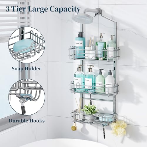 Consumest Shower Caddy Hanging – Rustproof Over Shower Head Hanger with Soap Holder and Hooks, Anti-Slip Shower Shelves for Storage, Bathroom Organizer for Apartment, Dorm, Silver - color: Silver, size: 3 Tier-Shower Head