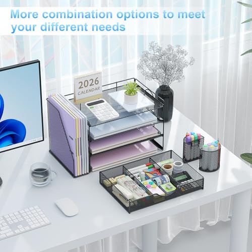 gianotter Desk Organizers and Accessories with File Holder, 4-Tier Desk Accessories & Workspace Organizers with Drawer and 2 Pen Holder, Paper Organizer for Office Supplies (Black) - color: Black