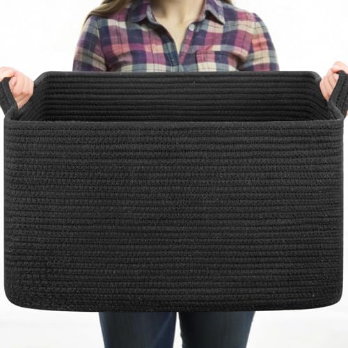 OIASKET Large Blanket Basket, Black Blanket Storage Living Room, Rectangle Woven Baskets for Storage Toys, Towels, Dirty Clothes Organizer Bins (Black) - color: Black, size: 19.7"x15.8"x11.8"
