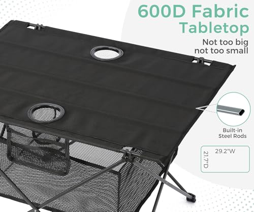 Lightweight Camping Table - Portable Folding Beach Side Table w/2 Cup Holders & Large Storage Basket, Compact Fold for Tailgate Travel Outdoor Fishing Picnic | 29.2" W x 21.7" D (Black) - color: A: Black