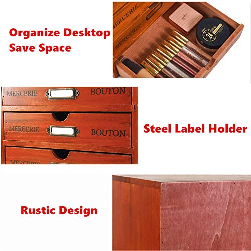Wooden Storage Box Rustic Desktop Organizer with Drawers/Labels 4 Tier Office Desk Accessories Shelf with A6 Clipboard Small Craft Storage Apothecary Cabinet and Chest Jewelry Holder for women