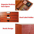 Wooden Storage Box Rustic Desktop Organizer with Drawers/Labels 4 Tier Office Desk Accessories Shelf with A6 Clipboard Small Craft Storage Apothecary Cabinet and Chest Jewelry Holder for women
