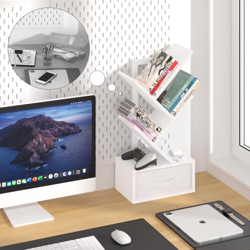 SHEEPAM Small Bookshelf with Drawer,4 Tier Tree Book Shelf,Wood Desk Bookshelves,Modern Free Standing Desktop Display Shelves,White Floor Standing Organizer Bookcase for Living Room,Bedroom,Office - color: Elegant White, size: 4 Tier