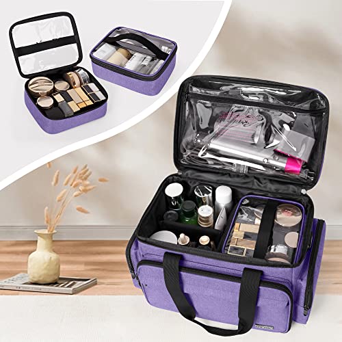 BAFASO Large Makeup Bag with 2 Removable Pouches and Detachable Dividers, Multifunctional Toiletry Bag Cosmetic Bag to Keep Makeup and Hair Supplies (Patent Pending), Purple - color: Purple