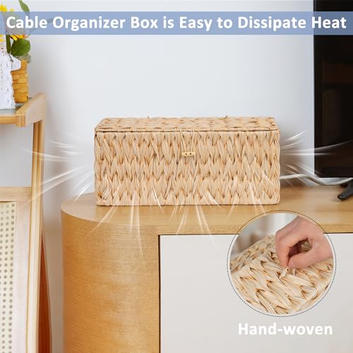 efluky 2 Pack Plastic Cable Management Boxes, Hand-Woven Cord Organizer Box with Lid, 2 Open Slots Cable Organizer Basket to Hide Power Strip and Charger for Home & Office and Dorm,Natural - color: Plastic Natural