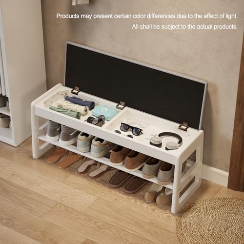 AQIMUELE Shoe Rack Bench,2 Tiers Shoe Bench with Storage with Flip-Top,Wood Shoe Rack for Entryway,Hallway（White Upholstered Seat,11.8" D x 39.3" W x 15.7" H） - color: White Upholstered Seat, size: 11.8"D x 39.3"W x 15.7"H