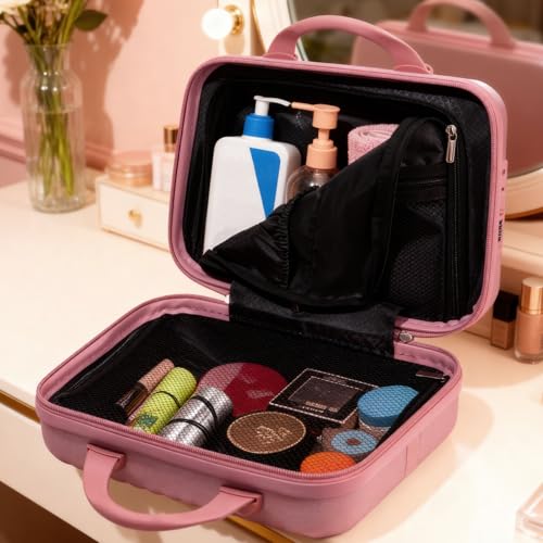 14 Inch Makeup Train Case with Lock Hard Shell Cosmetic Travel Case w Elastic Strap, ABS Portable Toiletry Bag for Toiletries Make up Storage Case Gift for Women Adult - color: Rosegold, size: 14 Inch