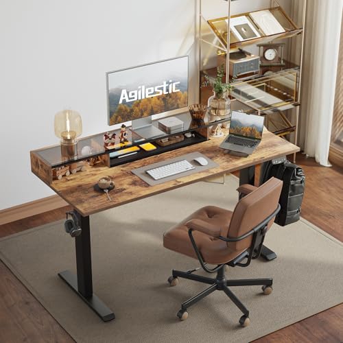 Agilestic Glass Standing Desk with Storage, 48 Inch Electric Adjustable Desk with Glass Shelf and Cable Management, Sit Stand Up Home Office Computer Table, Splice Board, Rustic Brown - color: Glass-rustic Brown, size: 48 x 24 Inches with 2 drawers