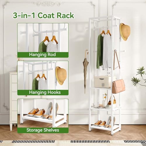 IBUYKE Coat Rack with Shelves, Freestanding Hall Tree with 3 Shelves and 8 Hooks, Industrial Clothes Stand for Entryway, Hallway, Bedroom, White UTMJ088W - color: White