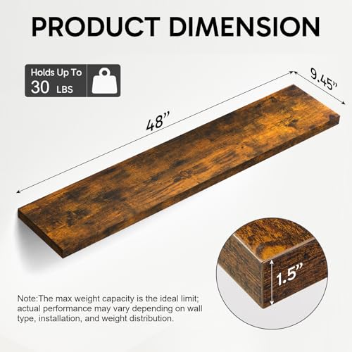BAYKA Floating Shelves, 48 inches Long Wall Mounted Rustic Wood Shelves for Bathroom, Bedroom, Living Room, Kitchen, Office, Hanging Shelf for Books/Storage/Decor(Rustic Brown,Set of 2) - color: B. Rustic Brown - Americana Farmhouse Style, size: 48inches