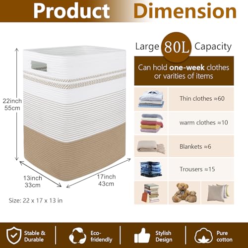 80L Large Cotton Rope Laundry Basket for Bedroom & Laundry Room, Tall Clothes Hamper with Sturdy Handles, Neutral Storage Bin Capable of Holding Blankets and Toys - color: Jute & White, size: 80L