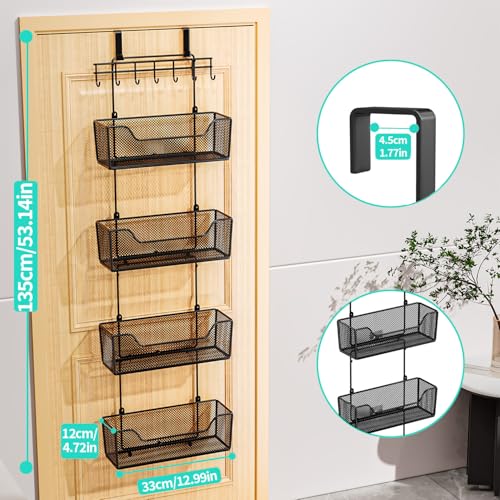 HapiRm Over The Door Organizer - Hanging Door Organizer with 4 Metal Large Capacity Baskets and Adjustable Coat Hook for Bathroom Bedroom Kitchen Pantry Closet Cabinet - color: Black