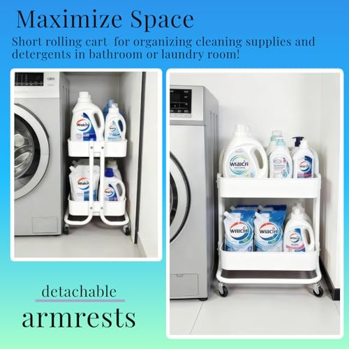 2 Tier Cart with Wheels Under Desk Storage with Handle, Metal Rolling Pantry Cart for Kitchen White Small Rolling Basket for Laundry Room Bathroom, Utility Shelf Organizer for Small Space - color: C-white