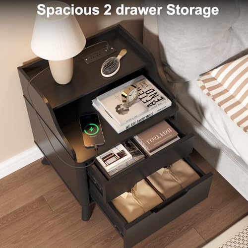 Black Night Stand with Charging Station, 21" Nightstand with Drawer/Open Shelves, Modern Nightstand w/2 Storage Drawers for Bedroom, Wood Bed Side Table End Table Bedside Table for Dorm, Home Office - color: Black, size: 15.8"D x 17.7"W x 21.7"H (2 Drawer