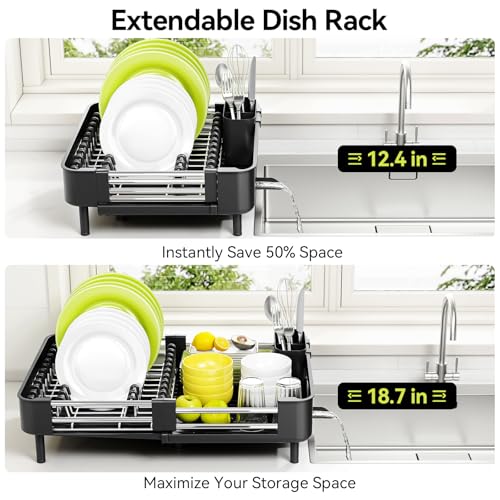 Urackify Stainless Steel Dish Drying Rack - Dish Drainer for Kitchen Counter, Extendable Drainboard with Foldable, Space-Saving Cup & Bowl Organizer, Includes Knife and Utensil Holder, Black - color: Black