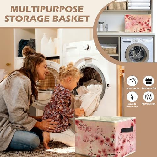 Pastel Pink Cherry Blossom Storage Bin Box with Handles, Aesthetic Pink Oriental Cherry Flower Foldable Linen Fabric Laundry Basket for Home Bedroom Bathroom Clothes Toys Books - color: Floral-I