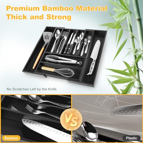 Large Premium Bamboo Silverware Organizer - Expandable Drawer Organizer & Utensil Organizer - 17"x19.7" Cutlery Tray with Dividers for Kitchen Utensils and Flatware (7-9 Slots) (Black) - color: Black, size: 9 Slots Expandable