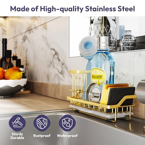 SWTYMIKI Sink Caddy Kitchen Sink Organizer with Detachable Brush Holder, Stainless Steel Sponge Holder with Removable Drip Tray Sponge Caddy for Kitchen Countertop, Gold - color: Gold, size: Medium