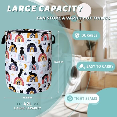 Boho Rainbow Cute Cats Laundry Basket Foldable With Handles Tote Bag Oxford Cloth Funny Cat Laundry Hamper Clothes Storage Bucket Toy Organizer 18.9" x 16.5" For Bathroom/Laundry/Bedroom - color: Cute Cat With Boho Rainbow