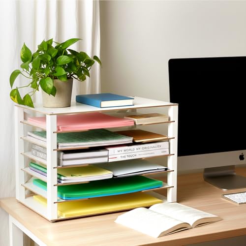 Yumkfoi Construction Paper Organizer 12" x 18", 6-Tiers Paper Organizer Storage, Wooden Desktop Organizer, Letter Tray for Office, Home, Classroom - size: 21.7" x 13.7" x 15.6"