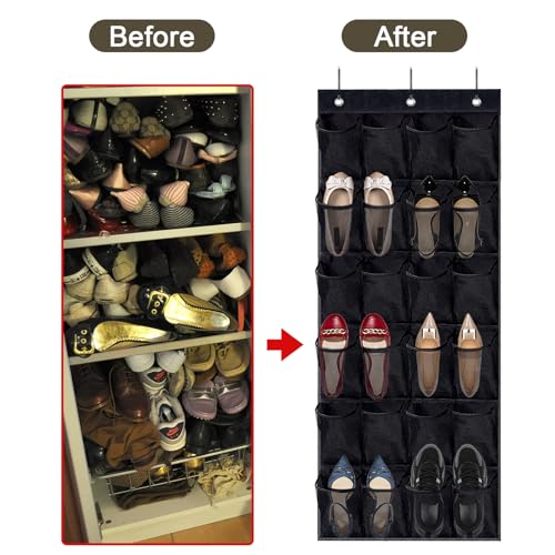 Over The Door Shoe Organizer with 24 Large Breathable Mesh Pockets, Space-Saving Hanging Storage Holder for Shoes & Accessories, Adjustable Hooks for Hanging Door Shoe Holder Rack(Black)