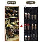 Over The Door Shoe Organizer with 24 Large Breathable Mesh Pockets, Space-Saving Hanging Storage Holder for Shoes & Accessories, Adjustable Hooks for Hanging Door Shoe Holder Rack(Black)