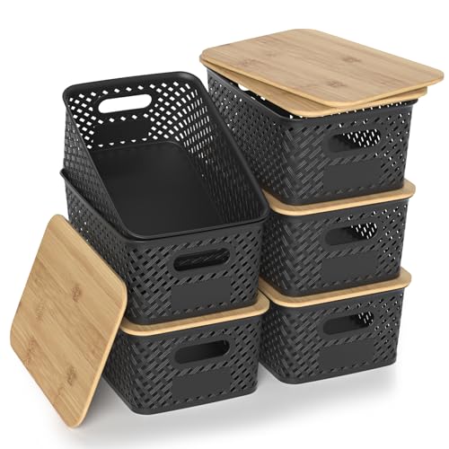Plastic Storage Bins with Bamboo Lids, Stackable Small Box Baskets for Organizing and Containers for Shelves Drawers Desktop Closet Pantry Classroom Office Home, 6 Pack 10.2x7.2x4.1 Inch, Black - color: Black