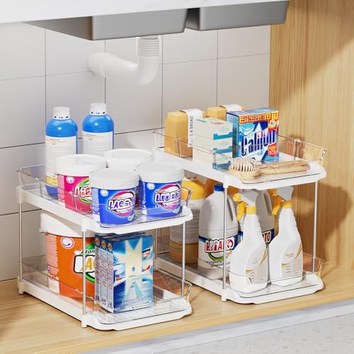 Delamu 3 Pack 2-Tier Bathroom Under Sink Organizers and Storage, Multi-Purpose Stackable Pantry Organization and Storage, Pull Out Clear Kitchen Bathroom Cabinet Organizer with Movable Dividers, White - color: White, size: 3 Pack 2-Tier