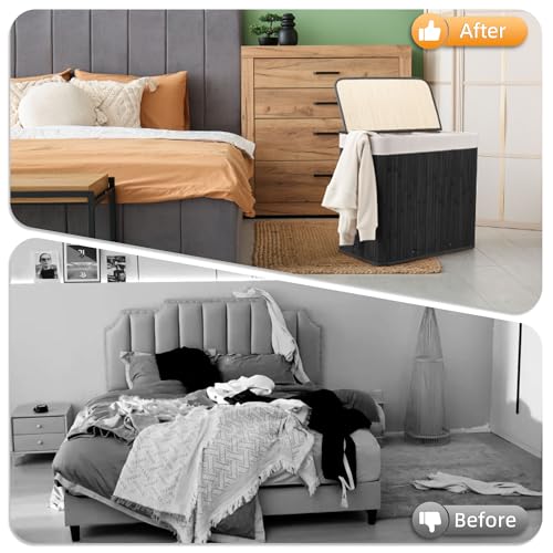 Aliphon 150L Laundry Hamper with lid, 3-Section Clothes Laundry Basket with Handles, Large Collapsible Bamboo Baskets for Bedroom, Bathroom, Dorm, Ink Black - color: Ink Black, size: 150L