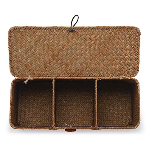 DOKOT Seagrass Woven Storage Basket with Lid, Rectangular Narrow Tampon Toilet Tank Organizer - color: 3 Section with Lid