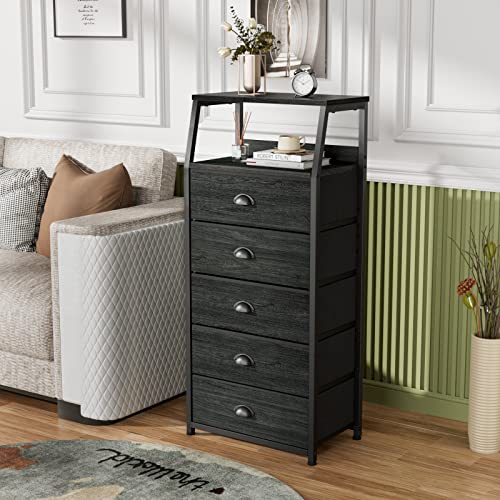 Furnulem Black Dresser with 5 Drawers, Vertical Storage Tower Fabric Dresser for Bedroom, Hallway, Entryway, Nursery, Closet Organizer, Nightstand Bedside Table Furniture, Sturdy Steel Frame, Wood Top - color: Black Oak, style: 5 Drawers