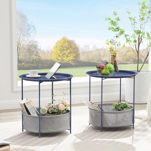 VECELO Round Side/End Table with Fabric Storage Basket，Metal Anti-Rust and Waterproof Small Bedside Nightstand with Removable Tray Top for Living Room，Balcony & Laundry，Blue /1pcs with Basket - color: Blue, size: 1 PCS with Basket