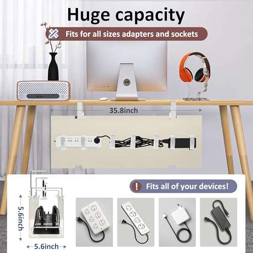 36" Under Desk Cable Management Tray for Home Office, No Drill Cord Organizer for Glass & Wood Table, Anti-Sag Oxford Fabric Wire Management Hider, Fits Surge Protector (Beige, 35.8") - color: Beige, size: 35.8"×5.6"