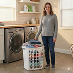 Bushel Laundry Hamper, Slim Rectangular Ventilated Plastic Clothes Basket, Heavy Duty Washing Bin With Reinforced Handles for Bathroom, Dorm, and Closet Organization, White, 1 Pack