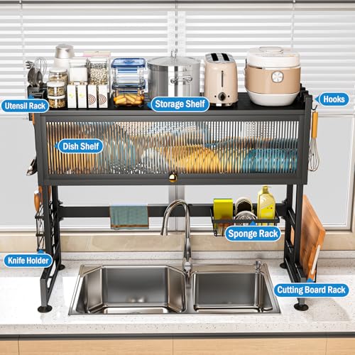 SNSLXH 𝐋𝐚𝐫𝐠𝐞 2-Tier Over The Sink Dish Drying Rack, 33.66"×31.1"×11.81", Large Sink Rack for Kitchen, Saving Kitchen Space, Cover Design Holds Dishes, Bowls, and Cutlery, Kitchen Sink Shelf - size: Standard 2 tiers 3 baskets