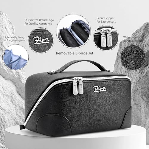 BOYATU Travel Makeup Bag Cosmetic Bags for Women: 3 Pcs Set Large Capacity Make up Bag with Handle - Waterproof Vegan Leather Toiletry Bags Travel Essentials with Compartments(C-2-Black) - color: C-2-Black