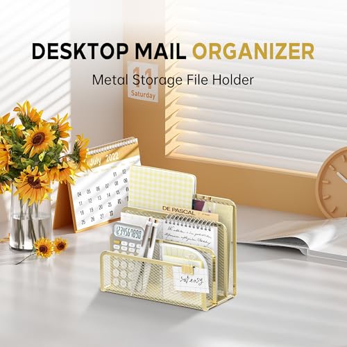 SUPEASY Mail Organizer for Desk, Mesh Metal Mail Holder Countertop with 3-Slot, Letter Sorter File Holder, Office Envelope Organizer for Mails (Gold) - color: Gold