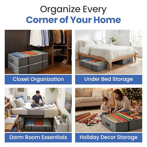 Underbed Storage Bags 4-Pack - Foldable Under Bed Storage Organizer for Clothes, Bedroom Blankets, Comforter, Pillows, Linen Sheets, Towels, Sweaters, Shoe Drawers - Ideal for College Dorms (Grey)