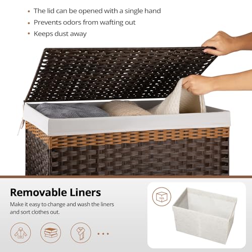 OIAHOMY Storage Basket with Lid, 42.3 Gallon (160L) Blanket Basket with Removable Liner Bag, Synthetic Wicker Hamper with Handle, Foldable, Hamper for Living Room, Brown - color: Gradient Brown, size: 160L