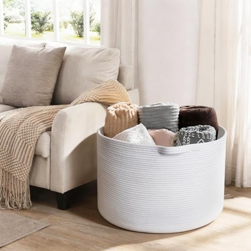 MEGASKET White Cotton Rope Storage Basket, 22" X 22" X 14" Extra Large Blanket Storage Living Room, XL Soft Toy Bin for Organizing, Woven Baby Laundry Basket with Handle, White Wicker Hamper Nursery - color: White, size: 22"x22"x14"