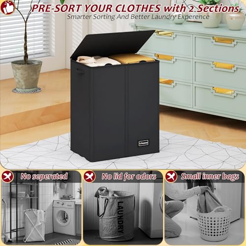 150L Laundry Hamper 2 Section, Large Laundry Hamper with Lid, Dirty Clothes Hamper with 2 Removable Inner Bags, Collapsible Laundry Basket Organizer for for Clothes Toys Towels, Hamper 2 Compartment - color: Black, size: 150L