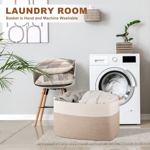 Extra Large Laundry Basket, 95L Blanket Basket for Living Room, Cotton Rope Toy Storage for Kids, Woven Baskets for Clothes, Towels, Pillows, 24" x 17" x 14", Brown and White - color: Brown & White, size: 24"x16.9"x14.2"