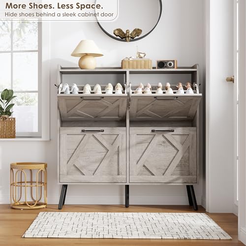 Nicetree Shoe Cabinet with 4 Flip Drawers, Freestanding Shoe Organizer Cabinet, Farmhouse Narrow Shoe Storage Cabinet for Entryway, Foyer, Hallway, Gray - color: Grey, style: 4-Drawers