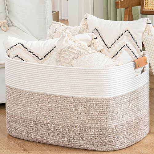 danpinera 108L Large Blanket Basket for Living Room, Woven Storage Basket with Leather Handles, Cotton Rope Storage Organization in Nursery for Toys & Clothes 25 ''* 16 ''*16 '', Gradient Brown - color: Gradient Brown, size: 108L
