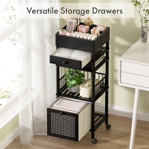 Amazer Bamboo Makeup Organizer Cart with 3 Drawers, Floor Skin Care Storage for Bathroom Bedroom, Rolling Vanity Organizer Cart for Cosmetic, Nail Polish, Perfume and Hair Tools, Black - color: Black