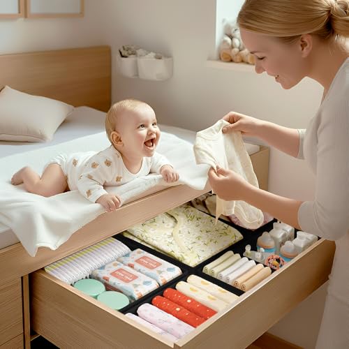 DIMJ Drawer Organizer Clothes - 16 Pack Baby Dresser Organizer for Nursery, Foldable Drawer Organizer Bins for Closet Bedroom Organization, Fabric Clothes Storage Dividers for Underwears, Socks, Bras - color: Black, size: 16 Pack