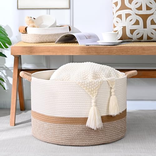 67L Large Blanket Basket, 20"x13" Woven Storage Baskets With Handle, Cotton Rope Blanket Basket Living Room, Baby Laundry hamper for Blanket, Nursery, Toy, Pillow (White & Brown) - color: White & Brown, size: 67L