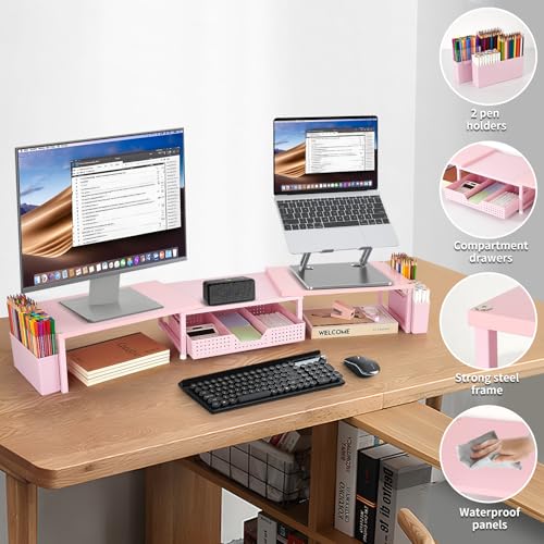 OPNICE Desk Organizers and Accessories, Dual Monitor Stand Riser with Drawer and 2 Pen Holders, Desk Shelf Wood Computer Racks for Office Workspace Organizers, Desktop Organization (Pink Wood) - color: Pink Wood, size: With drawer and pen holder