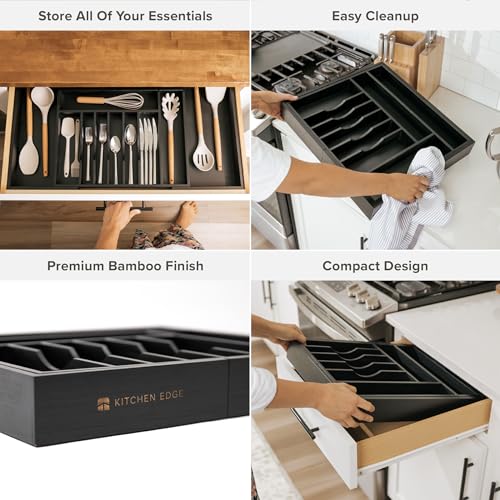KitchenEdge Premium Silverware, Flatware and Utensil Organizer for Kitchen Drawers, Food-Safe Contract Grade, Expandable from 18 to 33 In, Black Bamboo - color: Black Bamboo, size: From 18" to 33" wide