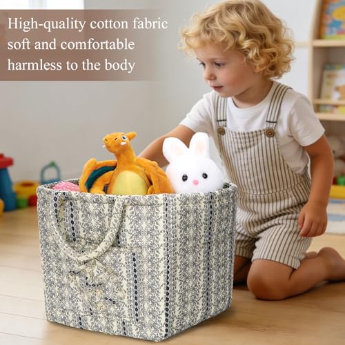 Quilted Fabric Basket Foldable Car Storage Boho Floral Laundry Basket Hamper for Nursery Bedroom & Living Room | Organize Clothes Toys - color: Vintage French Stripe